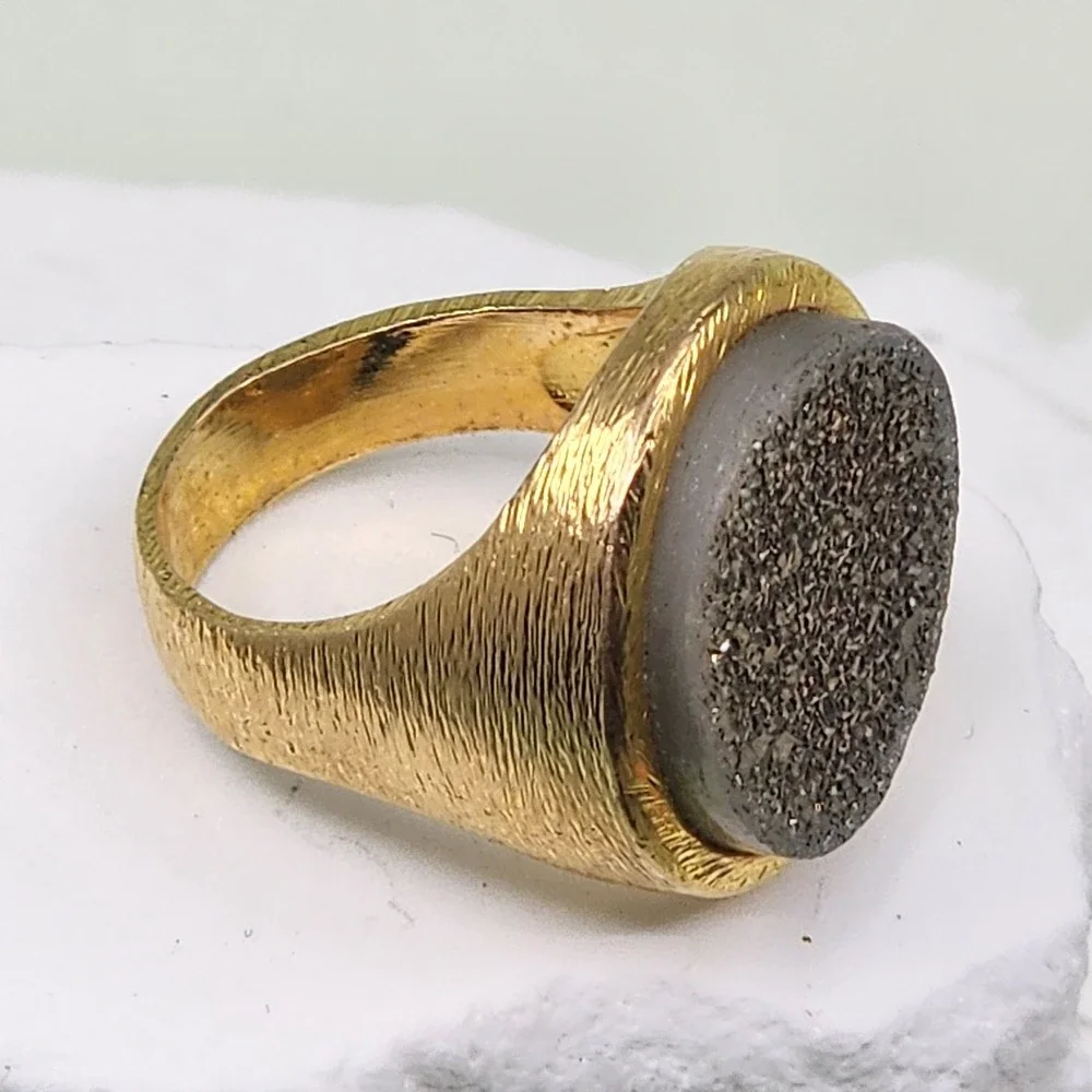 Gold Tone Gray Sparkle Druzy Statement Ring Texture Band Cocktail Jewelry Sz 6.5